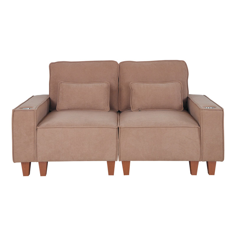Canapé 2 places Chenille à assise profonde avec porte-gobelets en acier inoxydable brossé et 2 coussins décoratifs, Brun