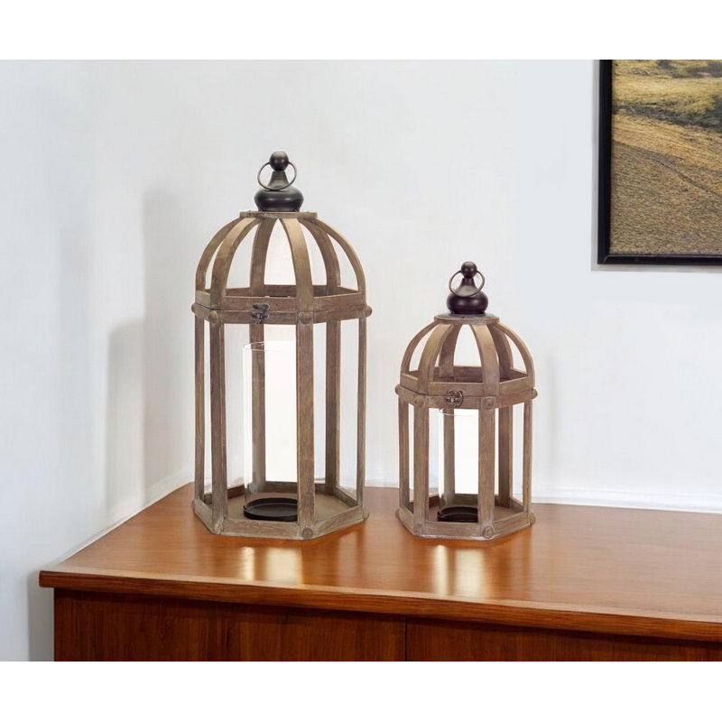 Set of Two Brown Distressed Wood And Glass Floor Lantern Candle Holders