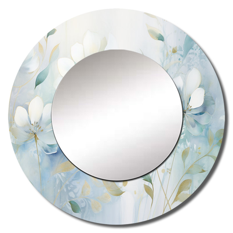 Jacie Blue Botanical Rhythms I - grand miroir mural Botanicals, miroir décoratif rond moderne, impression d'art en métal