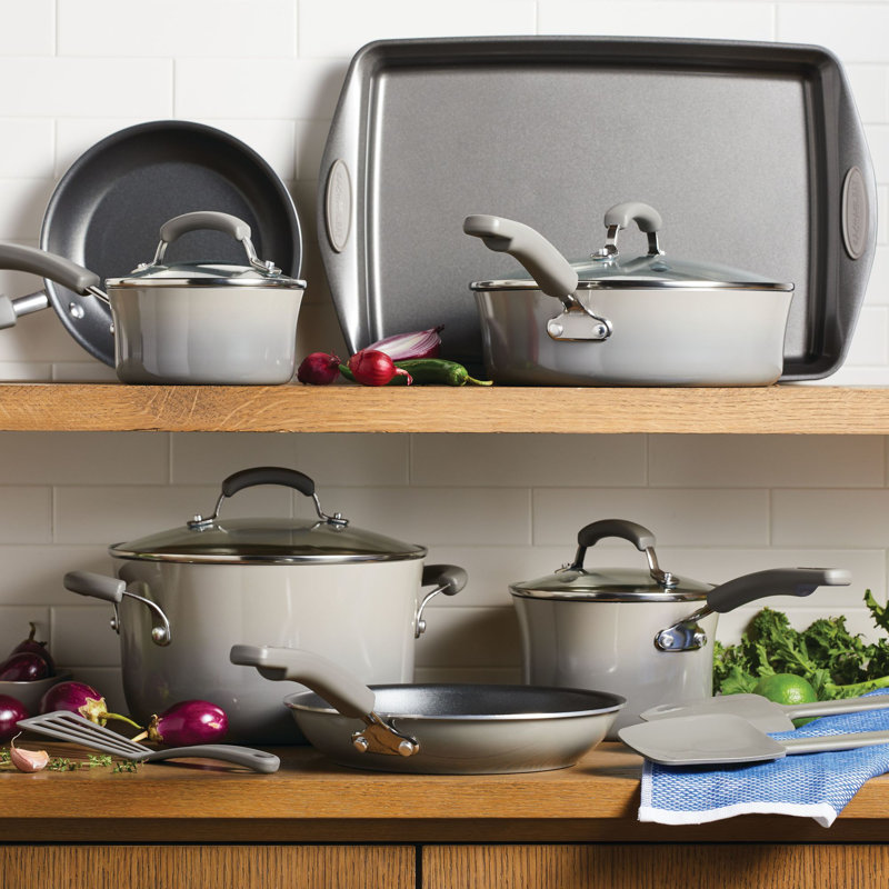 Gray 14-Piece Nonstick Aluminum Cookware Set with Enamel Finish
