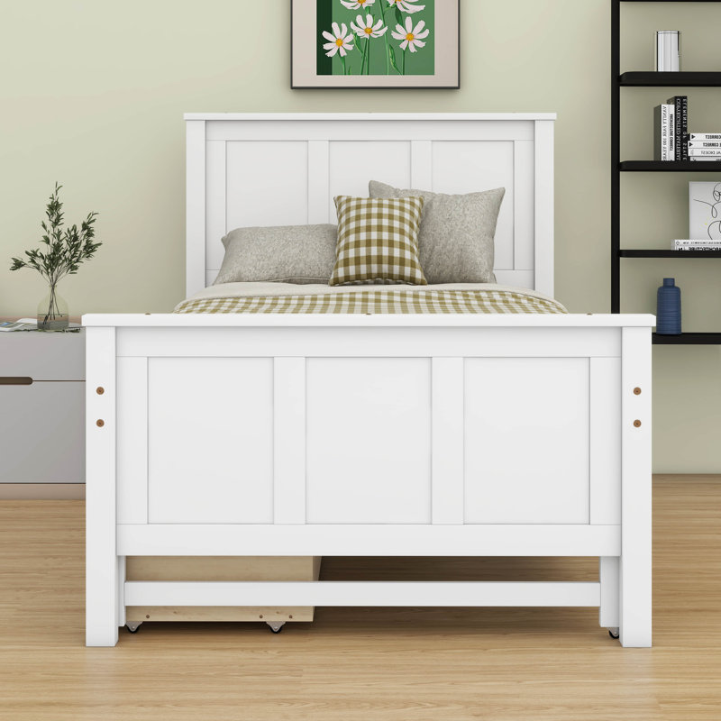 Lit simple avec lit gigogne et base de lit en bois avec tiroirs de rangement, Blanc