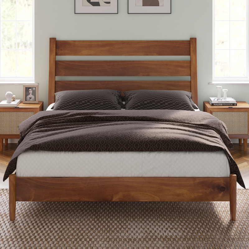 Full Size Light Brown Pine Wood Bed Frame with Slatted Headboard