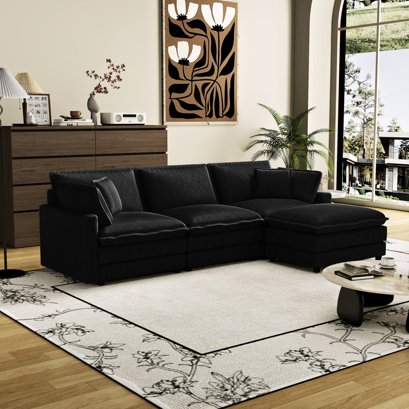 Canapé modulaire noir avec 4 sièges et coussins, canapé de siège profond en forme de L moderne, mousse rembourrée en velours côtelé respirant, structure en bois massif multiplicateur de gravité, amovible pour la chambre à coucher, - éponges de canapé,