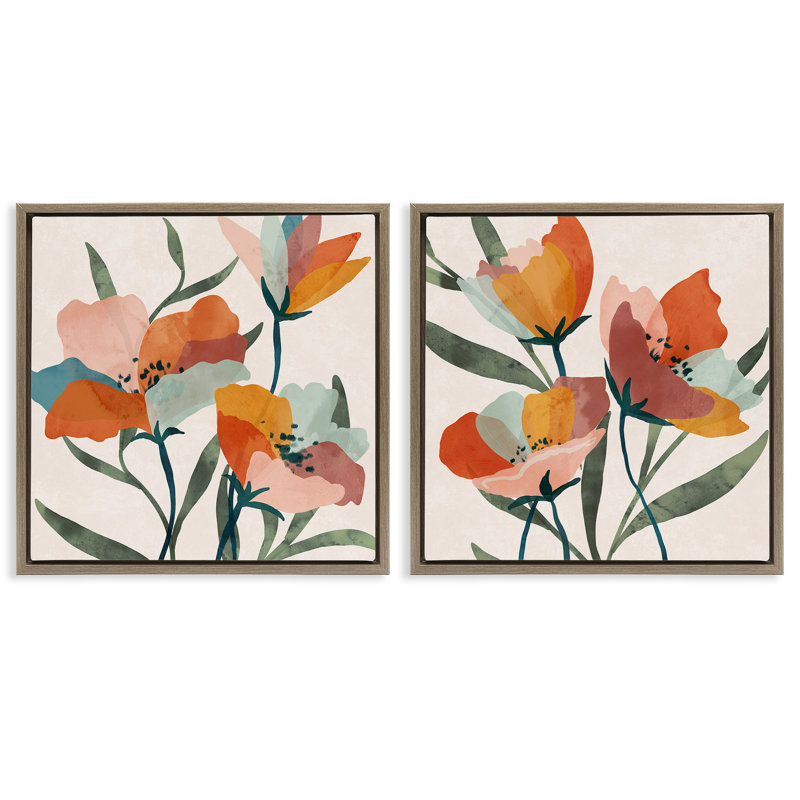 «Summer Bouquet», ensemble de 2 toiles flottantes encadrées dorées par Nina Blue, H 18 po x l 18 po