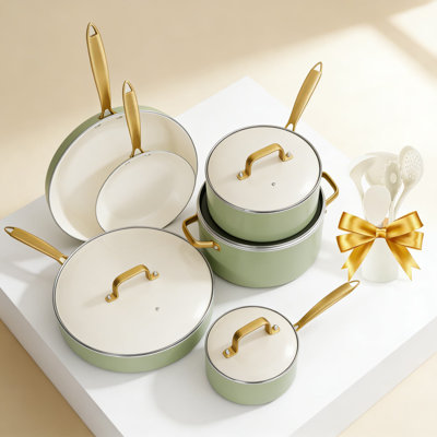 Ensemble de batterie de cuisine antiadhésive en céramique avec ustensiles - Ensemble de 16 casseroles et poêles non toxiques pour toutes les surfaces de cuisson, allant au four, comprenant une cocotte, des casseroles, des poêles à frire et une poêle à sauter