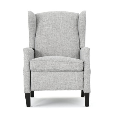 Light Grey Pushback Recliner Chair - Fabric Wingback With Nailhead Trim & Birch Wood Legs