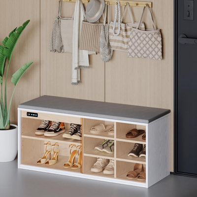 Banc de rangement pour chaussures Modern avec coussin, armoire de vestibule à 6 compartiments avec porte vitrée, tablettes réglables et désodorisant à ion négatif - blanc