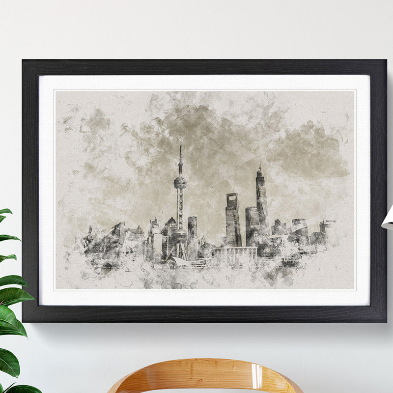 Shanghai Skyline Vol.2 Watercolour - Picture Frame Graphic Art, 27cm H x 36cm W x 2cm D, Black