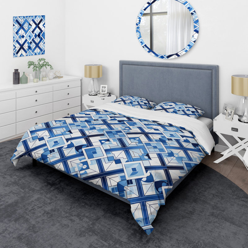 Coastal Cobalt Blue Mosaic I - Ensemble de housse de couette géométrique - Microfibre de polyester