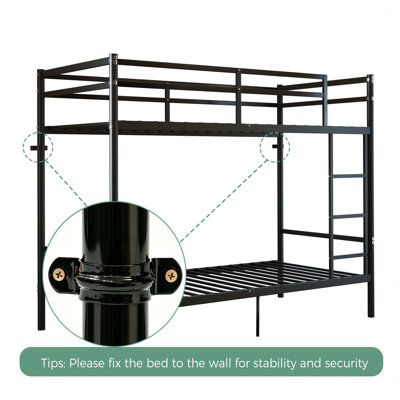 Lit superposé simple au-dessus de simple en métal robuste - charge maximale de 485 lb, structure en acier renforcé avec garde-corps de 14 po de hauteur, structure de lit robuste et peu encombrante pour enfants, adolescents, adultes, sans sommier tapissier, noir