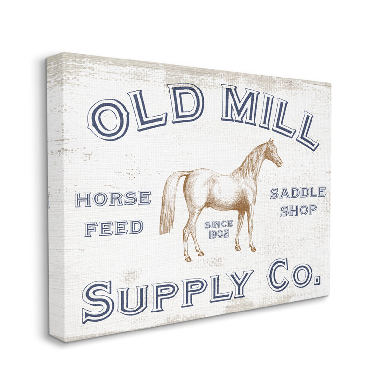Ancienne publicité d'alimentation du cheval Old Mill, Toile tendue, H 36 po x l 48 po x P 1,5 po