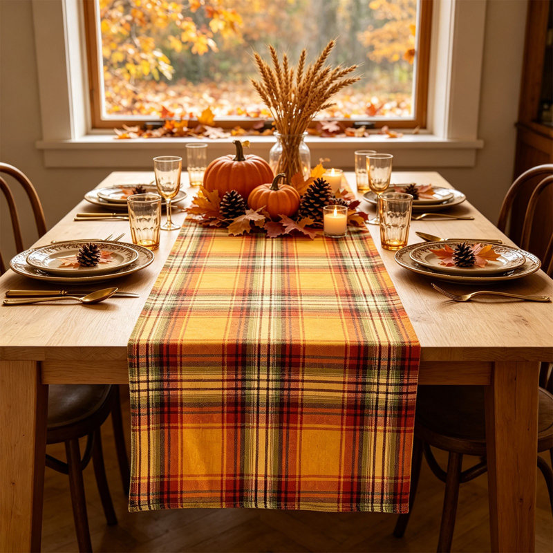 Fall Decor Fall Plaid Table Runner Polyester Fabric Table Decor Runner For Thanksgiving  Holiday Dining Table Decoration, B