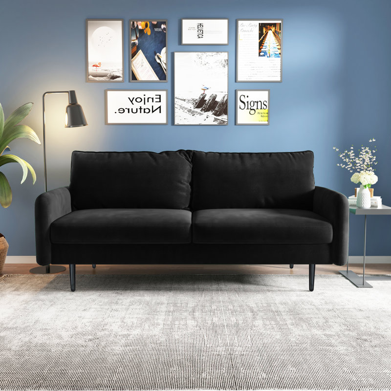 70" Velvet Round Arm Sofa, Black Velvet