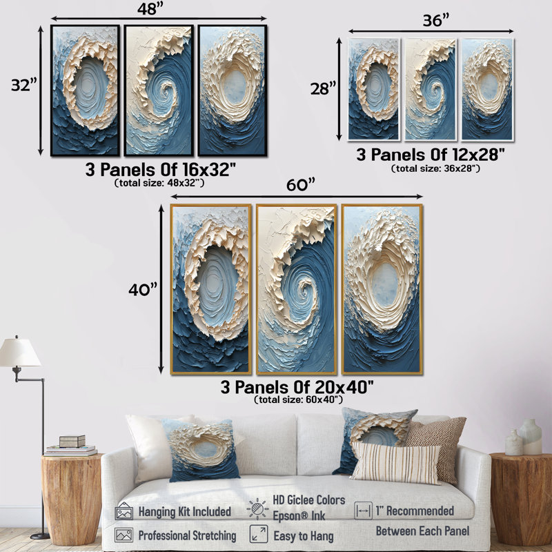 Vortex océanique blanc accentué de bleu I - Collection d'art mural moderne, H 40 po x l 60 po, Impression encadrée flottante