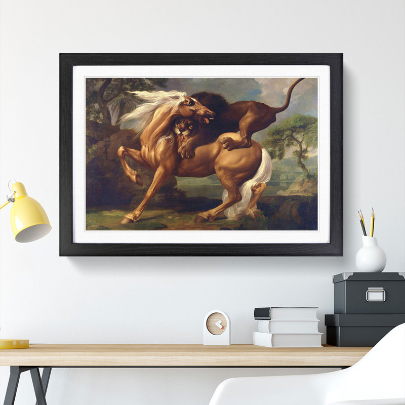 Lion Attacking a Horse by George Stubbs - Picture Frame Painting, Black Framed, 48cm H x 65cm W x 2cm D