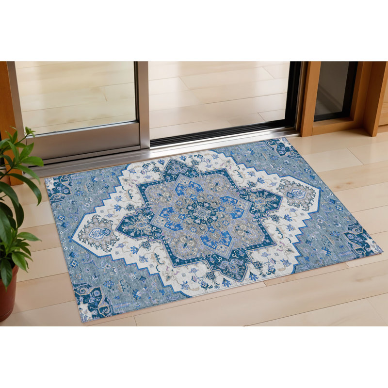 Tapis d'intérieur lavable extérieur bleu, gris et ivoire 3 pi x 5 pi