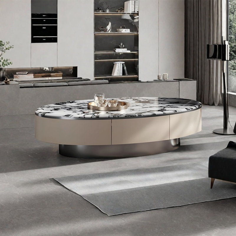 Light luxury oval marble coffee table, 15.7" H x 51.2" L x 27.6" W