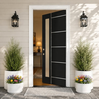 Black Painted Fiberglass Door Set with Vertical Frosted Glass, 45mm Thick, Smooth Finish, Right Inswing