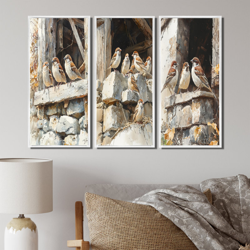 Sparrows Birds In The Farmyard I - Collection de décorations murales oiseaux, H 32 po x l 48 po, Blanc