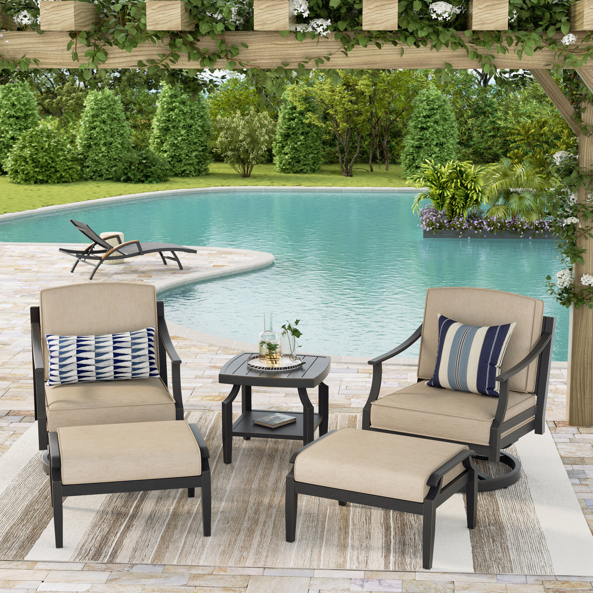Patio Aluminum Conversation Set With Ottomans And Sunbrella® Cushions