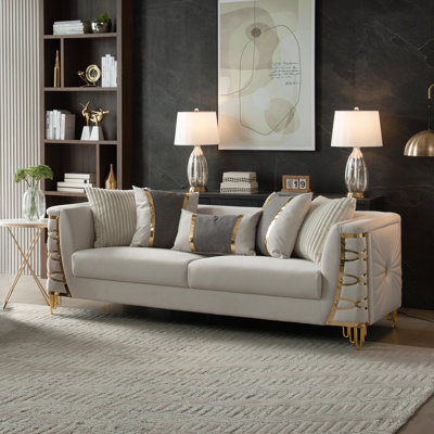 Aurelia Modern Glam Sofa with Designer Gold Stainless Steel Trim, Pocket Coil Seating, and Coordinating Accent Pillows
