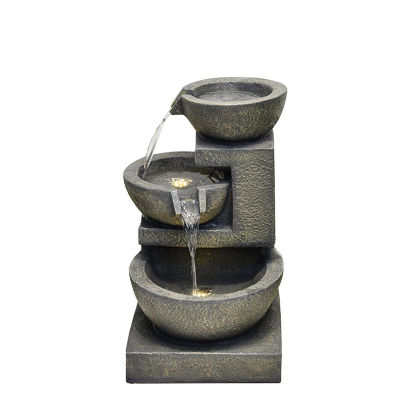 Beige Resin 3-Bowl Fountain with LED Lights