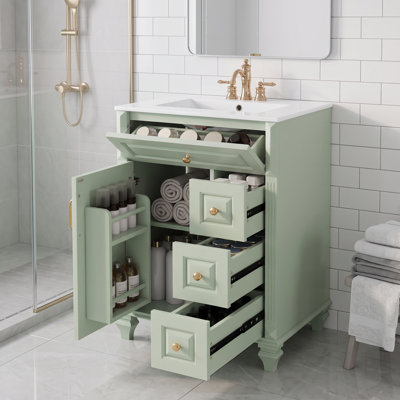 Meuble-lavabo standard autoportant de 61 cm (24 po) en bois massif et MDF, vert, lavabo en céramique, tiroir rabattable, 3 tiroirs et armoire de rangement