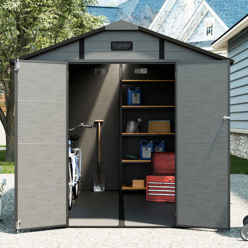 8x10 Ft Plastic Outdoor Storage Shed, Lockable Resin Structure In Dark Gray, Featuring Window And Skylight, Good For Workshop, Patio Furniture, Lawn Mowers, Quick To Assemble Shed Air Vents Ideal