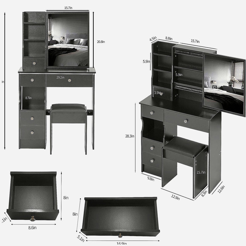 Petit meuble-lavabo de 29,2 po avec tiroir de gauche et tabouret rembourré, très grand miroir coulissant à droite, rangement multi-couches à grande capacité, commode pratique et pratique, convient aux petits espaces