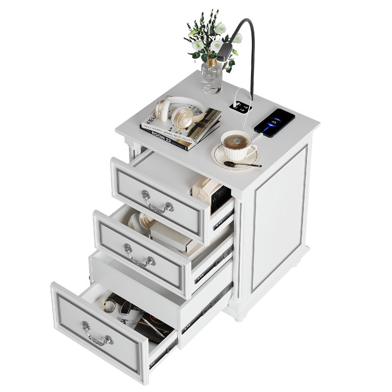 3 Drawer Bedside Table With Reading Light, White