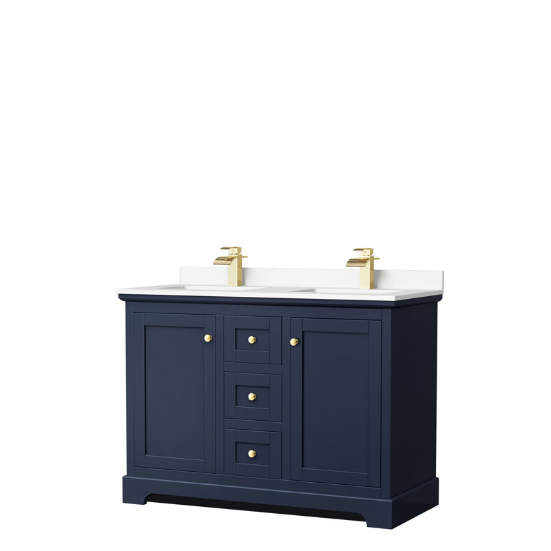 Ensemble de meuble-lavabo double 48 po Avery, Bleu foncé, Marbre de culture blanc, Or brossé