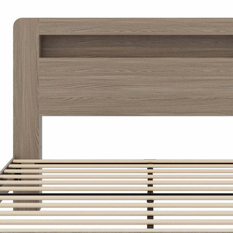 Lit plateforme à DEL en bois avec rangement et ports USB, Grand lit, Gris foncé