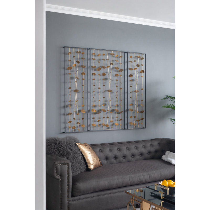 3 décorations murales en métal avec cadre noir, ornement en fer de 3 décor doré, fort pour la maison