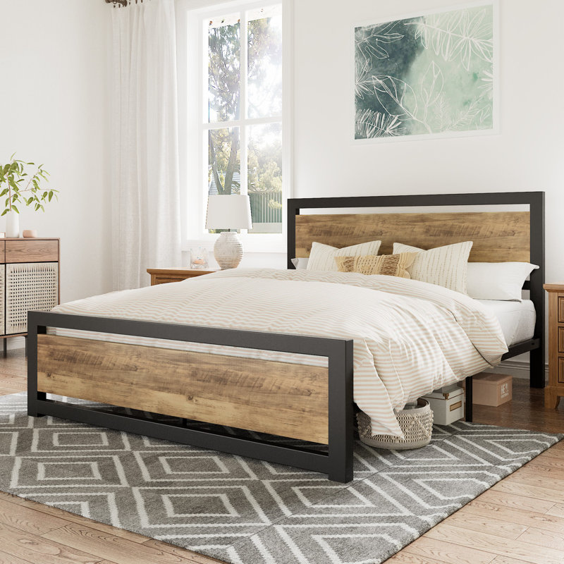 Marilee Wood and Black Metal Frame Bed with Headboard, Queen, Walnut