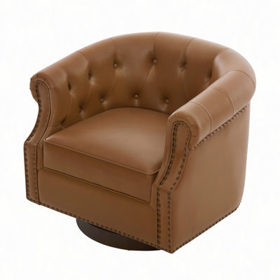 Fauteuil d'appoint pivotant à 360 ° en similicuir rembourré avec dossier incurvé Fauteuil club pivotant avec capitonnage et base en bois cintré pour le salon et la chambre à coucher