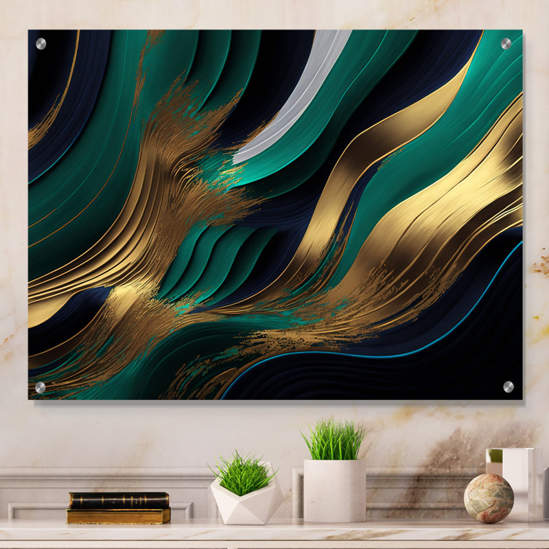 Agate verte et dorée I - art mural abstrait transitionnel en acrylique pour la cuisine, H 24 po x l 32 po