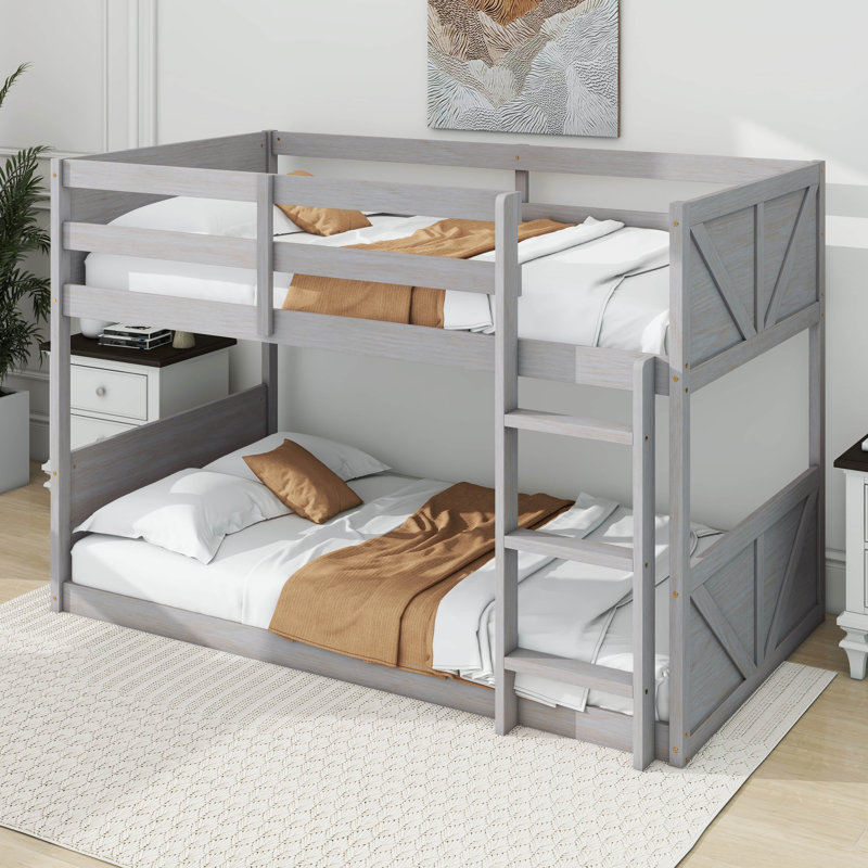 Twin Over Twin Floor Bunk Beds With Panelled Headboard And Footboard, Antique White