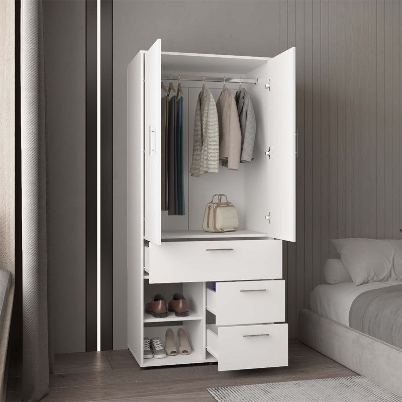 Alpine Armoire With Double Doors, Interior Hanging Rod, Shoe Racks And Multiple Drawers, Freestanding Wardrobe