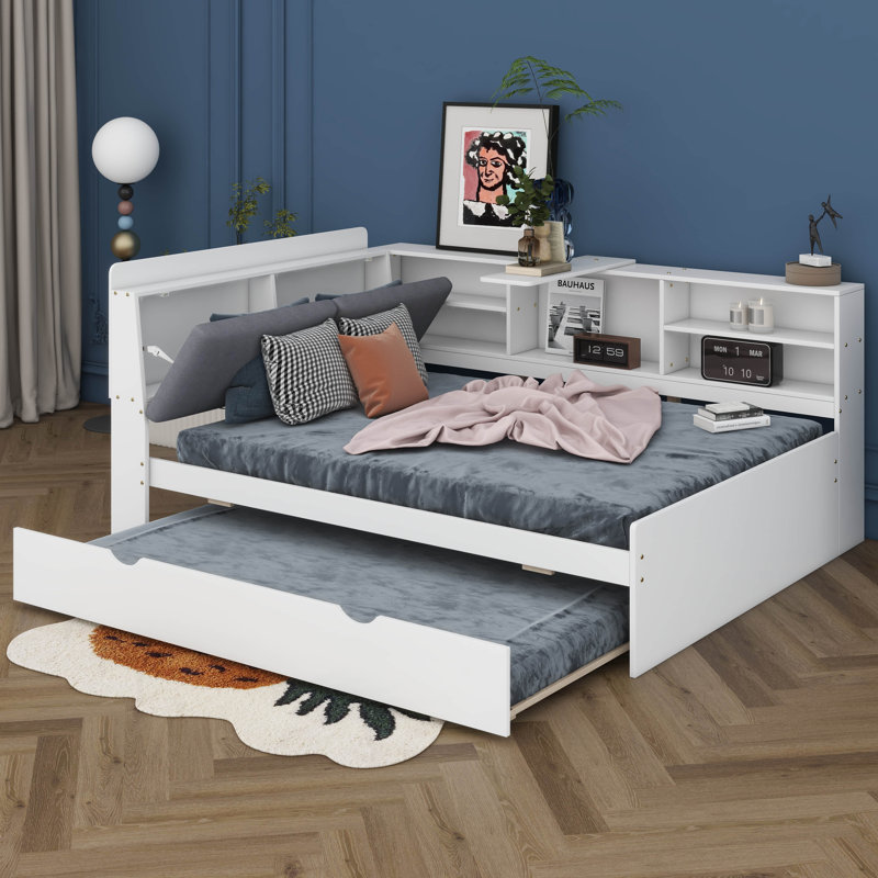 Lit plateforme en bois avec lit gigogne, tablettes et tête de lit, Blanc, Double
