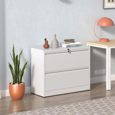 Classeur latéral à 2 tiroirs, acier robuste de 35,4 pouces de largeur avec système de verrouillage anti-basculement pour bureau à domicile, verrouillable et rangement polyvalent