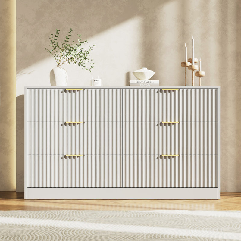 Fluted Dresser For Bedroom With 6 Drawers, 55.1" Wide Modern Chest Of Drawers With Metal Handle, White