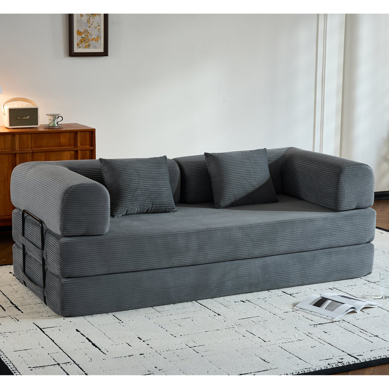 Boneless 78" King-Size Sleeper Sofa Bed Convertible Compression Couch Bed Corduroy Floor Couch With 2 Pillows, Gray