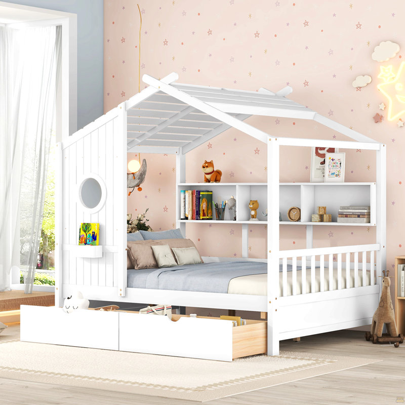 Lit double en bois avec 2 tiroirs, lit pour enfant avec tablette de rangement, Lit double