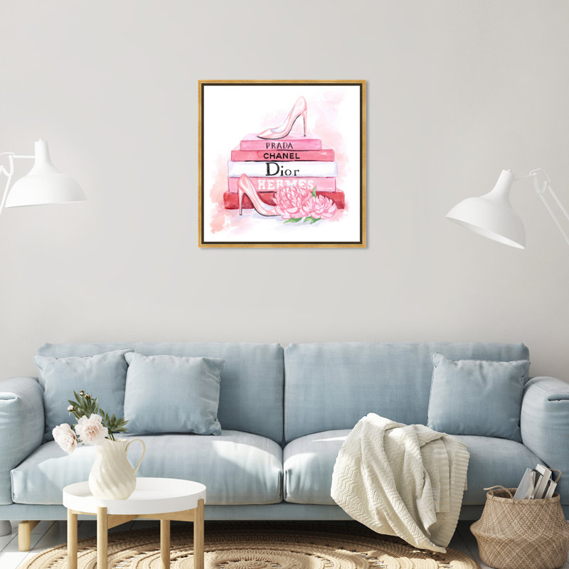 Livres de mode rose - peinture sur toile, Cadre doré, H 24 po x l 24 po