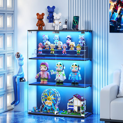 Glass Display Cabinet with RGB Lights, , 3-Tier Full-View Display Case with Glass Doors for Collectibles, Cabinets with Lock, Human Sensor, Charging Station, Black