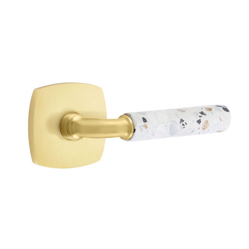 Mortaise intérieure Emtek Select avec rosette urbaine et tige R-Bar, levier Terrazzo, Gauche, Laiton satiné