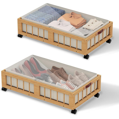 2-Pack Bamboo Under Bed Storage Containers with Wheels,Nature