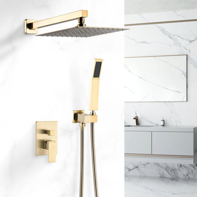 Douche murale en or brossé 10 pouces avec tête réglable, déviateur et finition de haute qualité pour une combinaison de salle de bain détendue à poignée simple, tête carrée facile à nettoyer