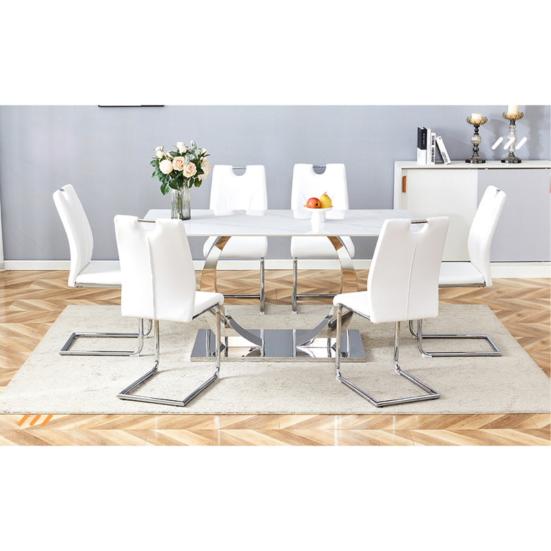 Chaise de salle à manger blanche 6 pièces - Option élégante et confortable. Matériau, doux. Pieds en métal argenté, look moderne. Siège rembourré en éponge. Conception ergonomique. Forte capacité de charge. Glissez. P 15,94 po x 15,71 po