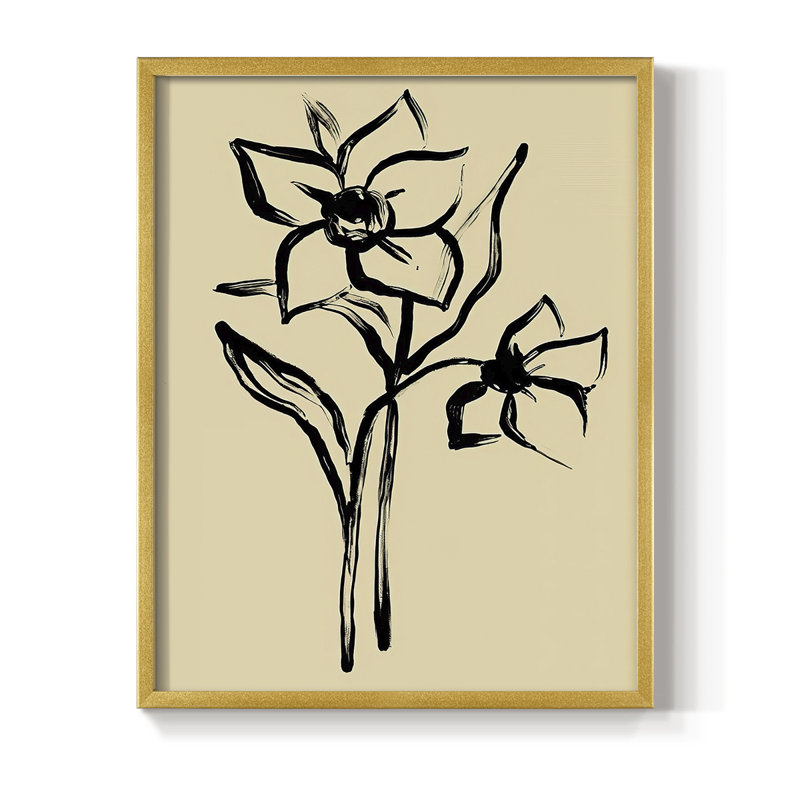 Encre florale II, impression encadrée - bois massif, H 21 po x l 17 po, Doré